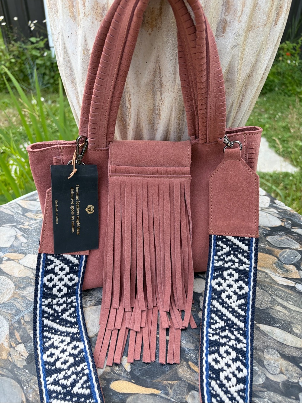 Suede Fringe Tote Bag with Patterned Strap - Dusty Rose